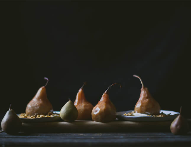 Spiced maple water poached pears + maple granola